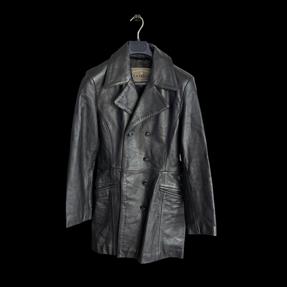Vintage 90's Express Black Leather Trench Coat Med Double Breasted Jacket Womens